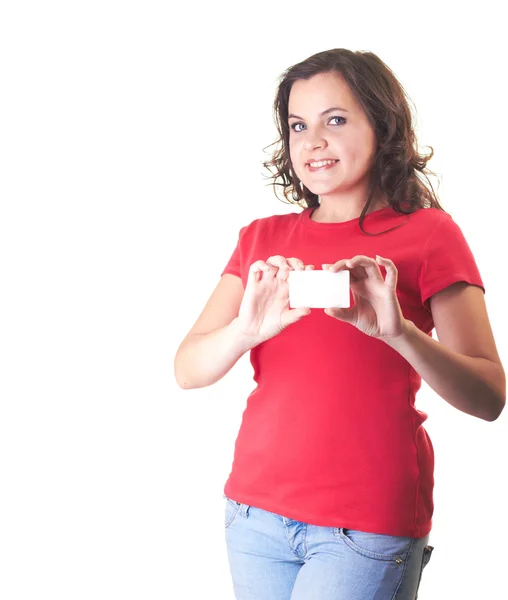 Atractiva chica sonriente con camisa roja sosteniendo un cartel . — Foto de Stock