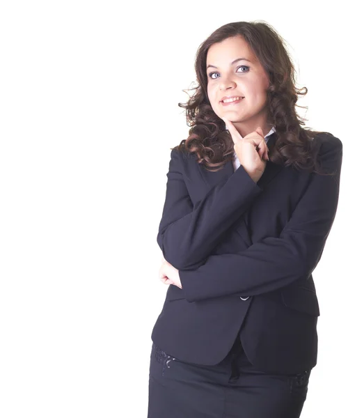 Attractive smiling girl in a business black suit, dreams and hol Stock Picture