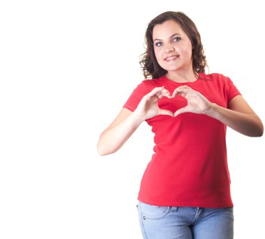 çekici gülümseyen kız kırmızı bir gömlek ve mavi jeans yapan