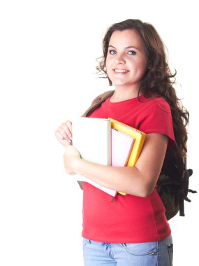 kırmızı gömlekli bir sırt çantası holding ile çekici gülümseyen kız bir