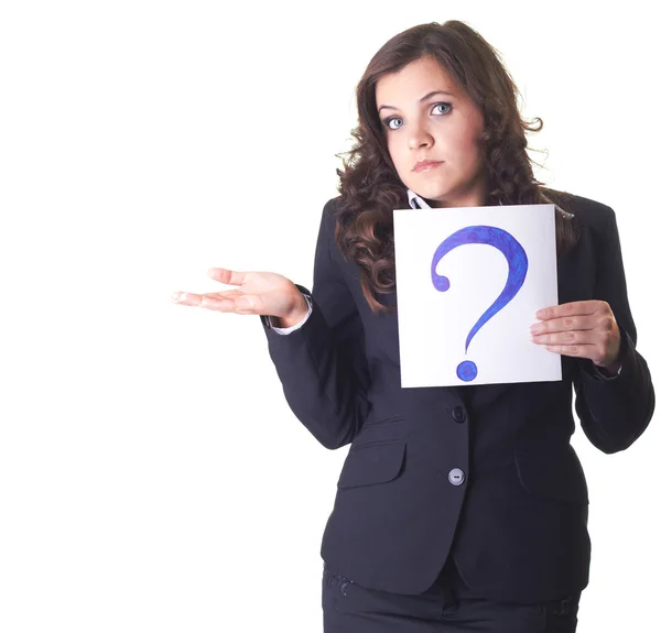 Business woman holding a question mark — Stock Photo, Image