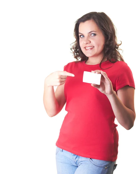 Atractiva chica sonriente con una camisa roja sostiene un cartel en su izquierda —  Fotos de Stock