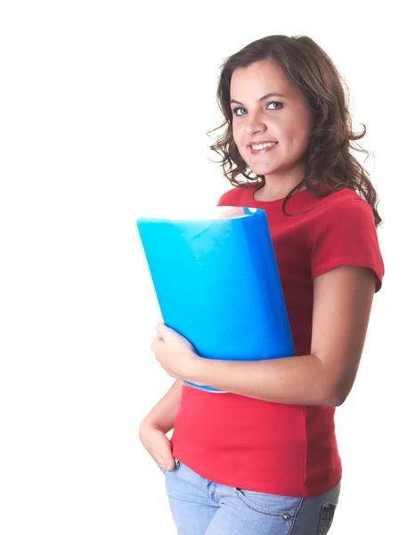 Attractive smiling girl in red shirt holding a blue folder. — Stock Photo, Image