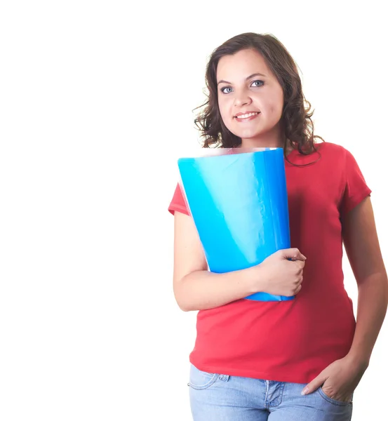 Attractive smiling girl in a red shirt holds in her right hand a — Stock Photo, Image