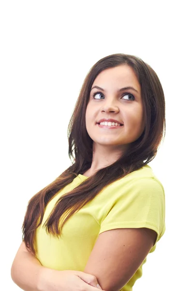 Retrato de una atractiva joven sonriente con una camisa amarilla. Wo. — Foto de Stock