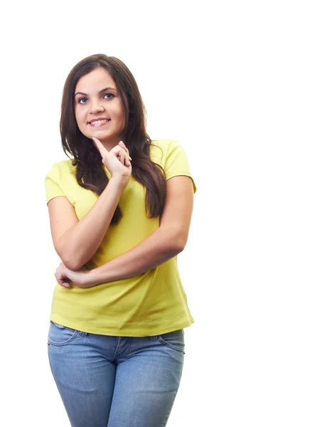 Attractive smiling young woman in a yellow shirt touching by fin — Stock Photo, Image