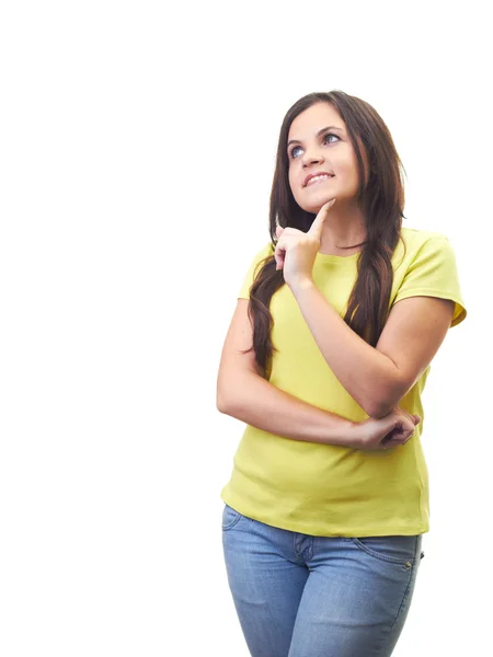フィンで触れる黄色いワイシャツで魅力的な笑顔若い女性 — ストック写真