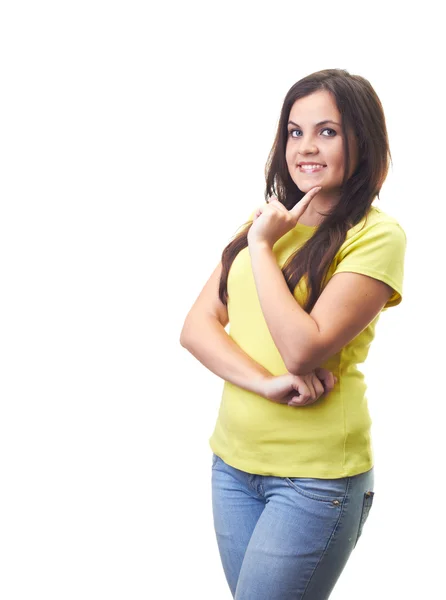 Attractive smiling young woman in a yellow shirt touching by fi — Stock Photo, Image