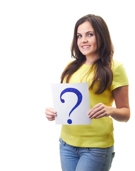 Attractive young woman in a yellow shirt holding a a poster with — Stock Photo, Image
