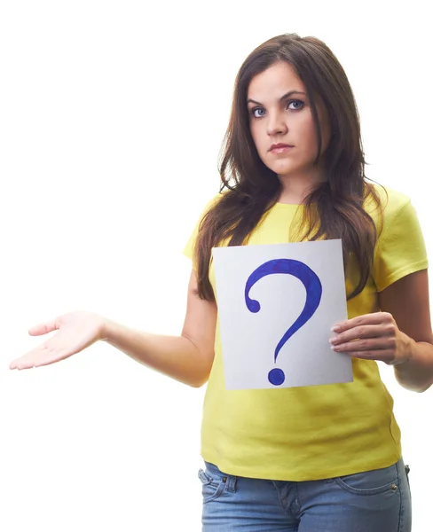 Attractive young woman in a yellow shirt holding a a poster with — Stock Photo, Image