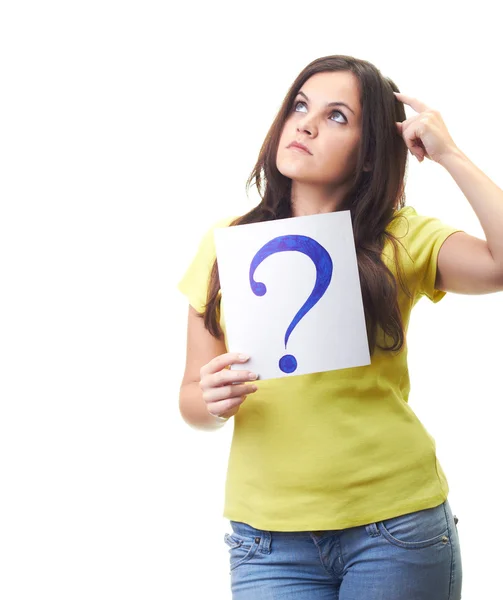 Attractive young woman in a yellow shirt holding a a poster with — Stock Photo, Image