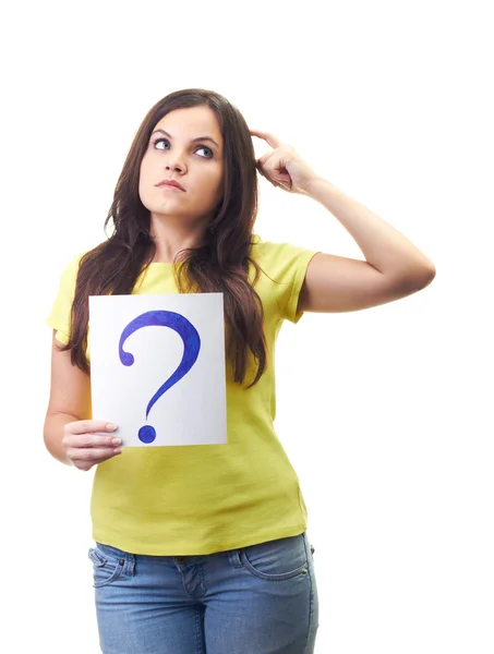 Attractive young woman in a yellow shirt holding a a poster with — Stock Photo, Image