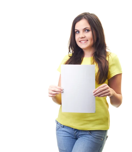 Attractive smiling young woman in a yellow shirt holding a poste — Stock Photo, Image