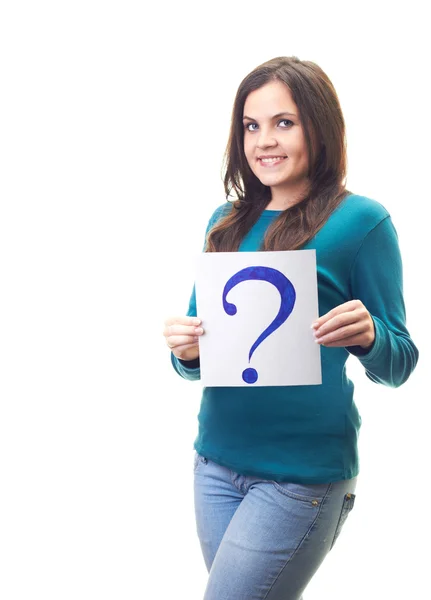 Attractive smiling young woman in a blue shirt holding a poster — Stock Photo, Image