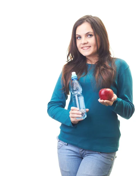 Attractive young woman in a blue shirt holding in her left hand — Stock Photo, Image