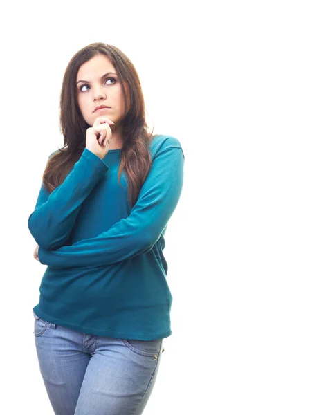 Attraktive lächelnde junge Frau in blauem Hemd, berührt durch — Stockfoto