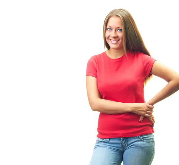 Attractive smiling young woman in a red shirt. — Stock Photo, Image