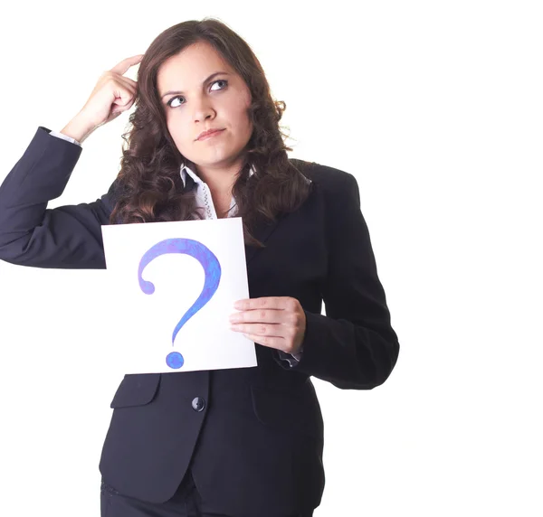 Business woman holding a question mark — Stock Photo, Image