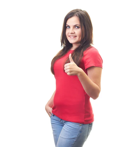 Atraente sorrindo jovem mulher em uma camisa vermelha mostra seu han esquerdo — Fotografia de Stock