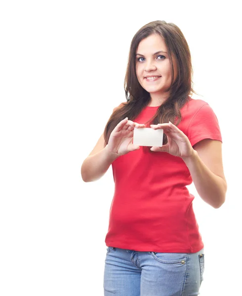 Attractive smiling young woman in a red shirt holds a poster. — Stock Photo, Image