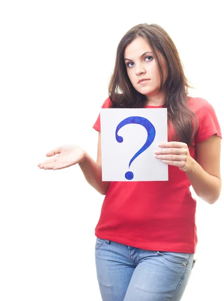 Attractive young woman in a red shirt holds a poster with a big — Stock Photo, Image