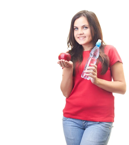 Attractive smiling young woman in a red shirt holding in her rig — Stock Photo, Image