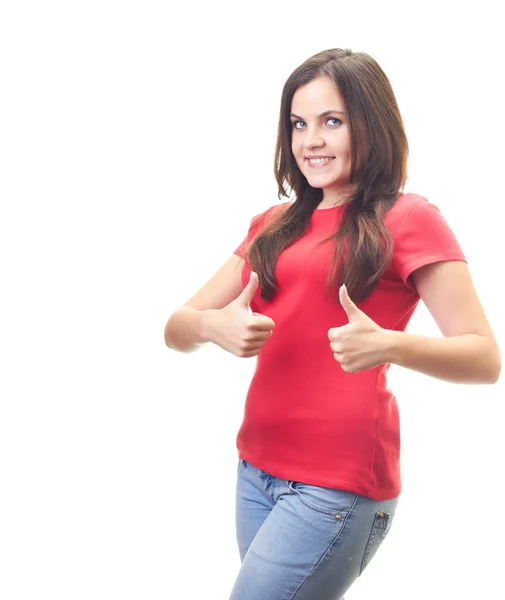 Atractiva joven sonriente en una camisa roja muestra con ambos ha — Foto de Stock