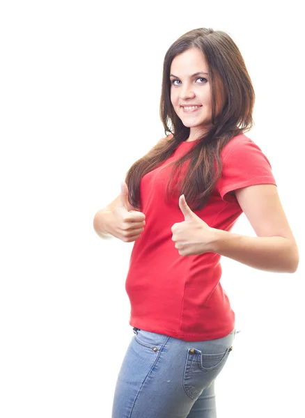 Attractive smiling young woman in a red shirt shows with both ha — Stock Photo, Image