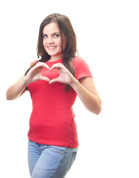 Attractive smiling young woman in a red shirt shows her hands a — Stock Photo, Image