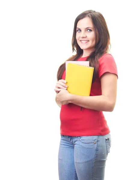 Atractiva joven sonriente con una camisa roja sosteniendo un colorido —  Fotos de Stock