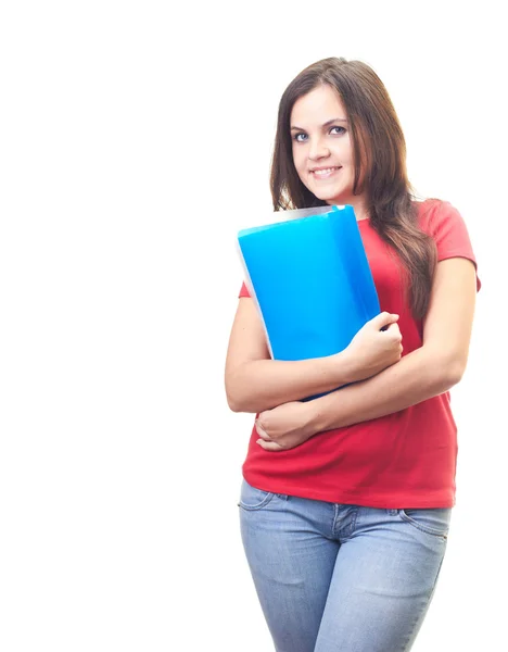 Atractiva joven sonriente con una camisa roja sosteniendo un fol azul — Foto de Stock
