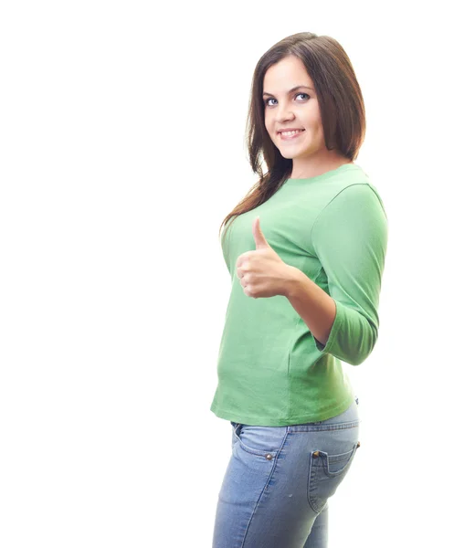 Atractiva joven sonriente en una camisa verde muestra su h izquierda — Foto de Stock