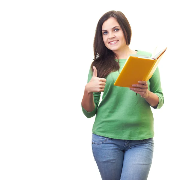 Attraktive lächelnde junge Frau in grünem Hemd, die in ihrem l — Stockfoto