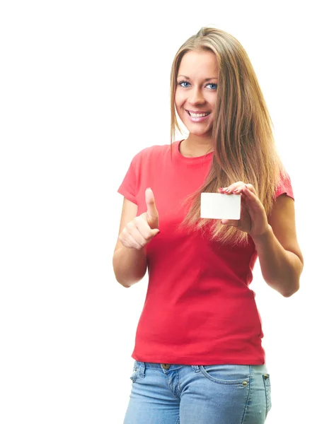 Attraktive lächelnde junge Frau im roten Hemd hält ein Plakat in der Hand — Stockfoto