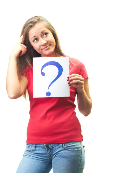 Attractive smiling young woman in a red shirt holds a poster wit — Stock Photo, Image