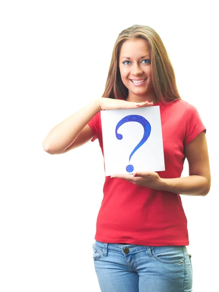 Aantrekkelijke jonge vrouw in een rode shirt glimlachend houdt een poster wit — Stockfoto