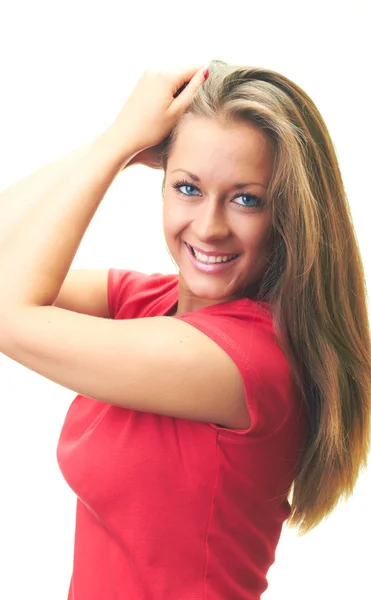 Atractiva joven sonriente en camisa roja de pie con su han —  Fotos de Stock