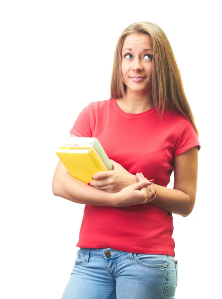 Attractive smiling young woman in a red shirt holding a colorful — Stock Photo, Image