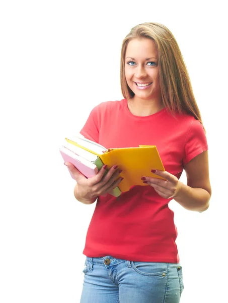 Atractiva joven sonriente con una camisa roja sosteniendo un colorido — Foto de Stock