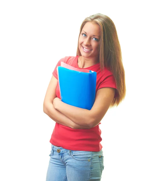Attractive smiling young woman in a red shirt holding a blue fol — Stock Photo, Image