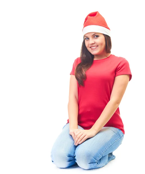 有吸引力的微笑着一件红色的衬衫和圣诞节的年轻女人医管局 — 图库照片