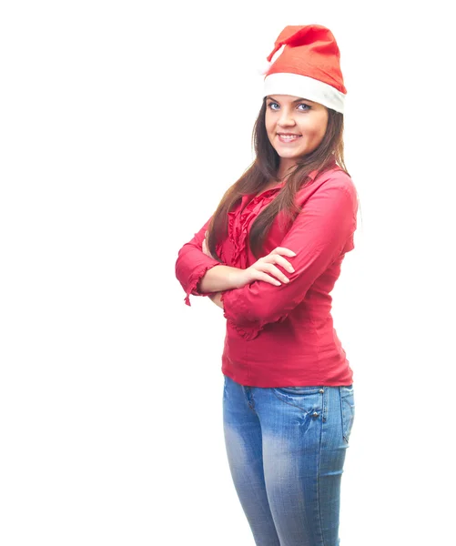 Attractive smiling young woman in a red shirt and Christmas hat — Stock Photo, Image