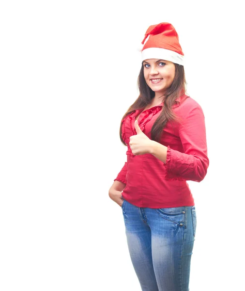 Attractive smiling young woman in a red shirt and Christmas hat — Stock Photo, Image