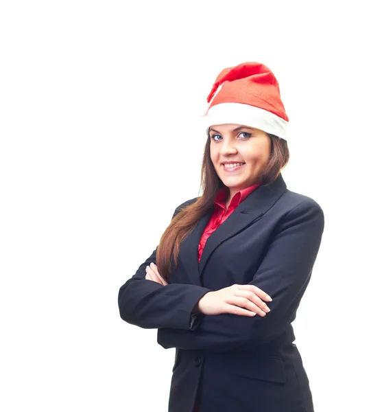 Attractive smiling young woman in a black business suit and a Ch — Stock Photo, Image
