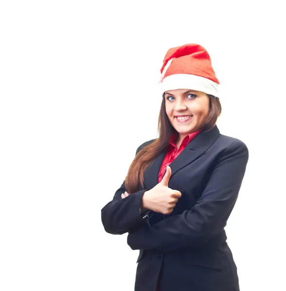 Attractive smiling young woman in a black business suit and a Ch — Stock Photo, Image