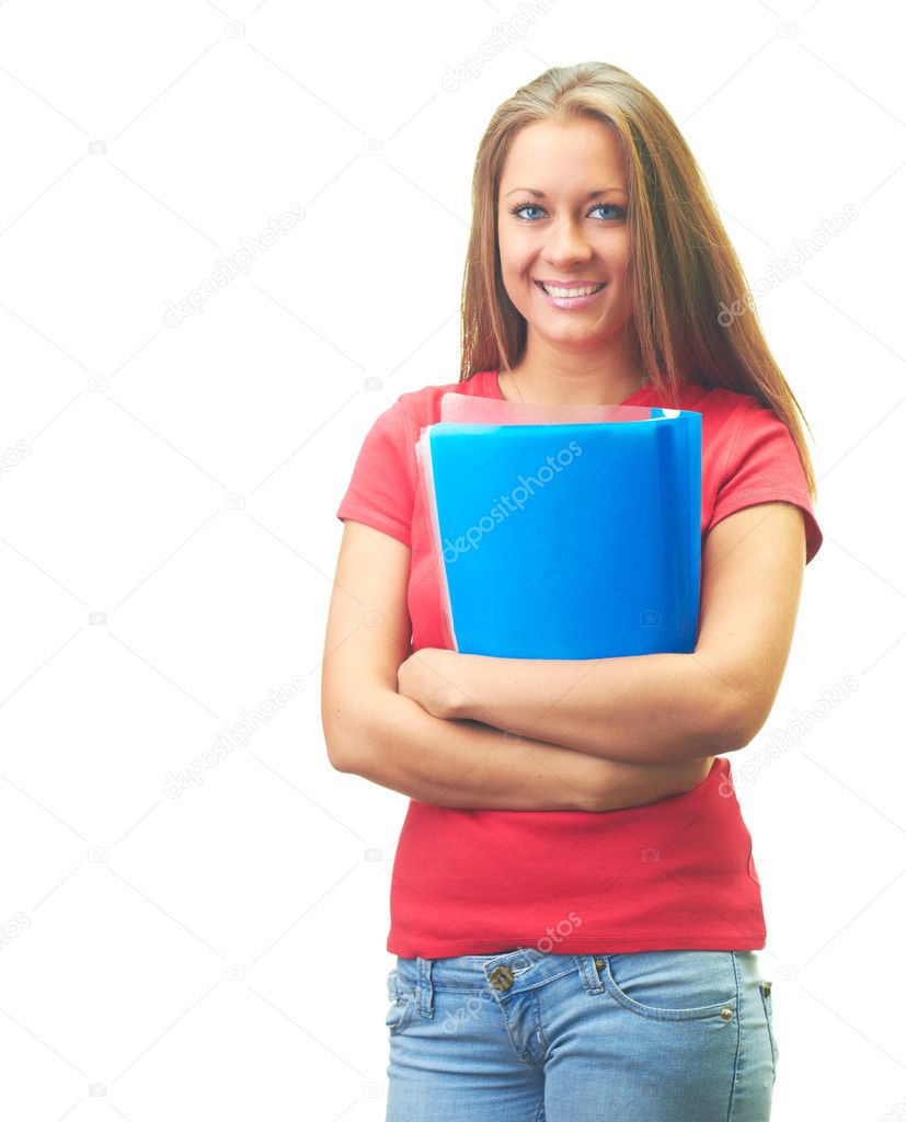 Attractive smiling young woman in a red shirt holding a blue fol