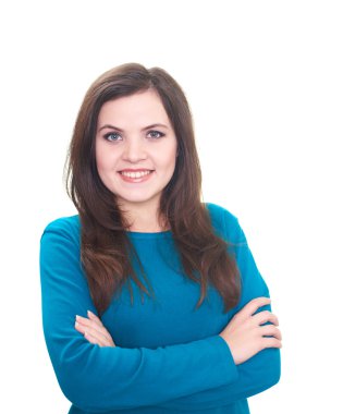 mavi gömlekli çekici gülümseyen genç kadın ile folde anlamına gelir.