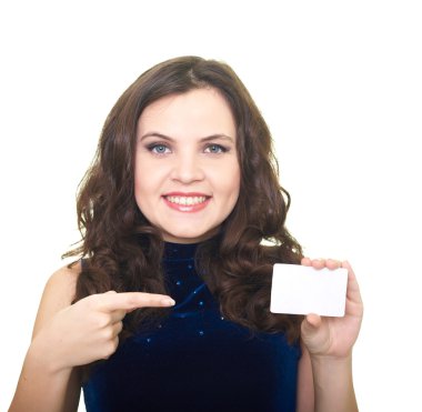 mavi gömlekli bir poster onun l tutan çekici genç kadın