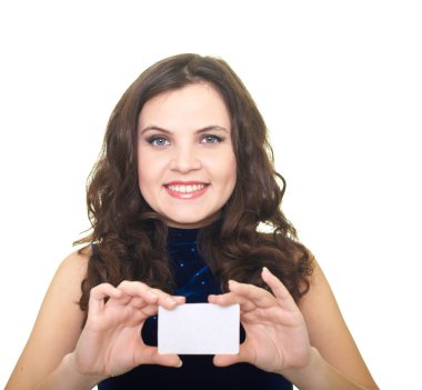 mavi gömlekli çekici genç kadın portresi. kadın tutar