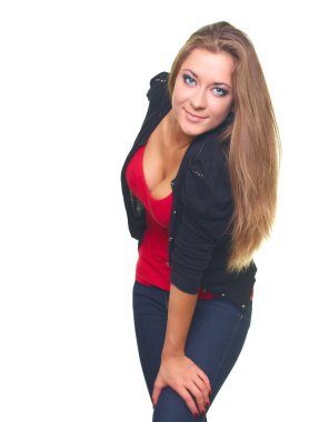 siyah kazak ve kırmızı bir gömlek hafif çekici genç kadın